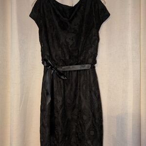 Gabby Skye Black Textured Midi Dress with Satin Belt